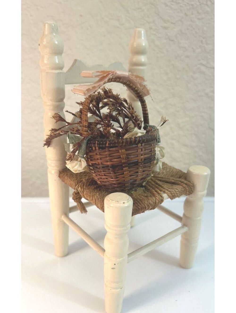 Miniature Wooden Chair 7" Woven Rush Seat Floral Basket Rustic Farmhouse Decor